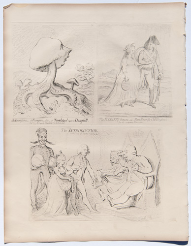 original James Gillray etchings An Excrescense; – a Fungus; – alias – a Toadstool upon a Dunghill

The Soldier's Return; – or – Rare News for Old England

The Introduction